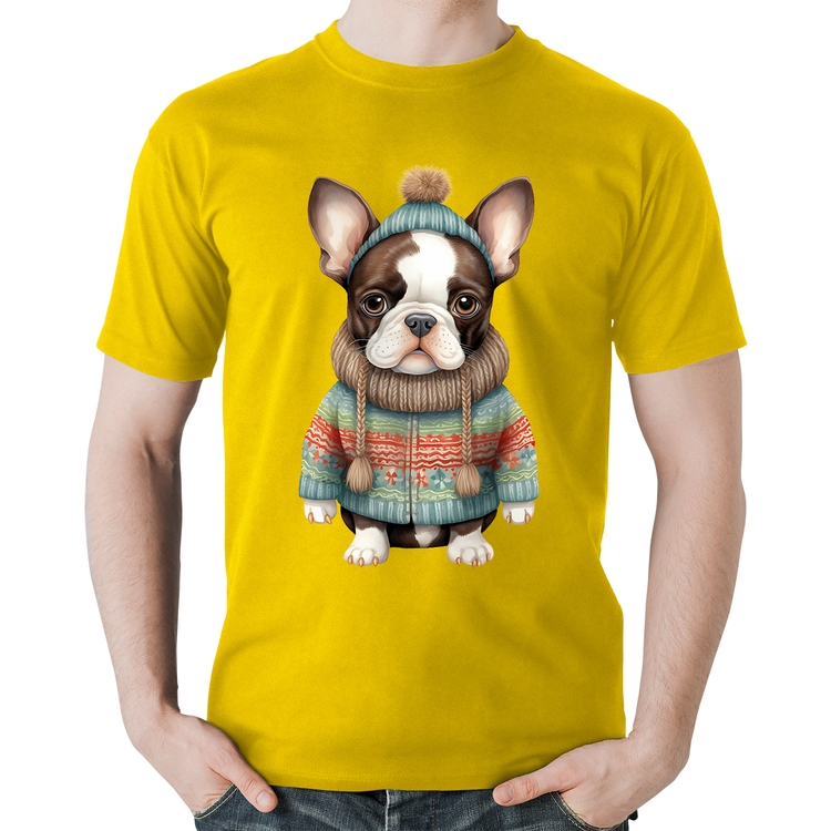 Camiseta Algodão Cachorro Bulldog Francês Natalino - Amarela