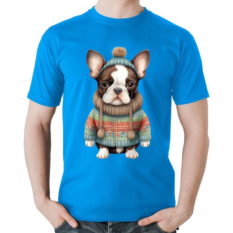 Camiseta Algodão Cachorro Bulldog Francês Natalino - Azul