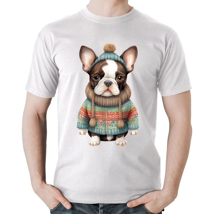 Camiseta Algodão Cachorro Bulldog Francês Natalino - Branca