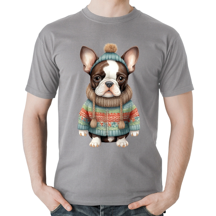 Camiseta Algodão Cachorro Bulldog Francês Natalino - Cinza