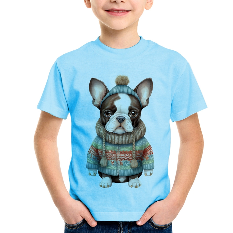 Camiseta Infantil Cachorro Bulldog Francês Natalino - Azul Bebê