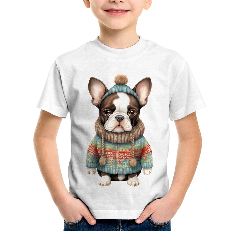 Camiseta Infantil Cachorro Bulldog Francês Natalino