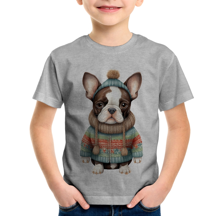 Camiseta Infantil Cachorro Bulldog Francês Natalino - Cinza