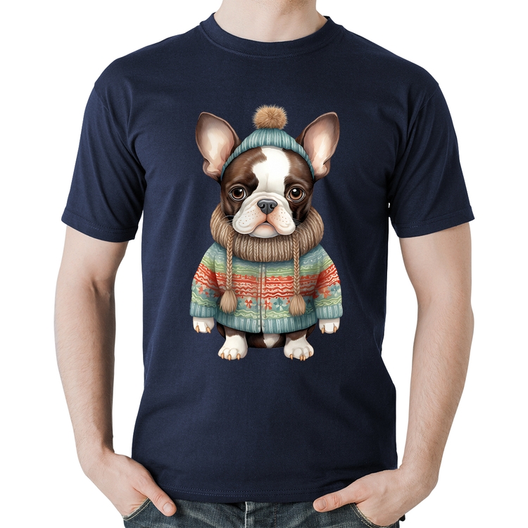 Camiseta Algodão Cachorro Bulldog Francês Natalino - Marinho