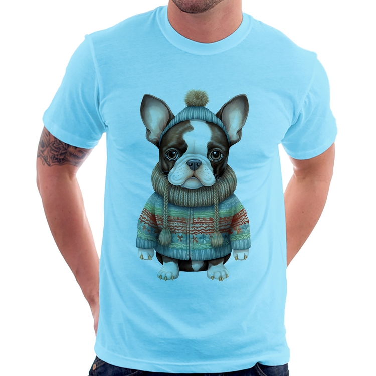 Camiseta Cachorro Bulldog Francês Natalino - Azul Bebê