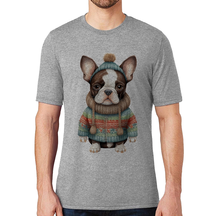 Camiseta Cachorro Bulldog Francês Natalino - Cinza
