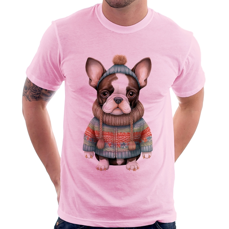 Camiseta Cachorro Bulldog Francês Natalino - Rosa Bebê