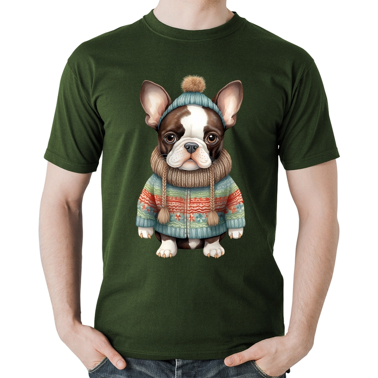 Camiseta Algodão Cachorro Bulldog Francês Natalino - Musgo