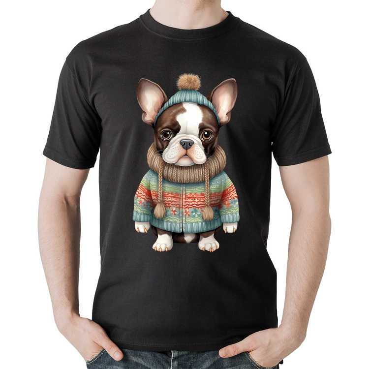 Camiseta Algodão Cachorro Bulldog Francês Natalino