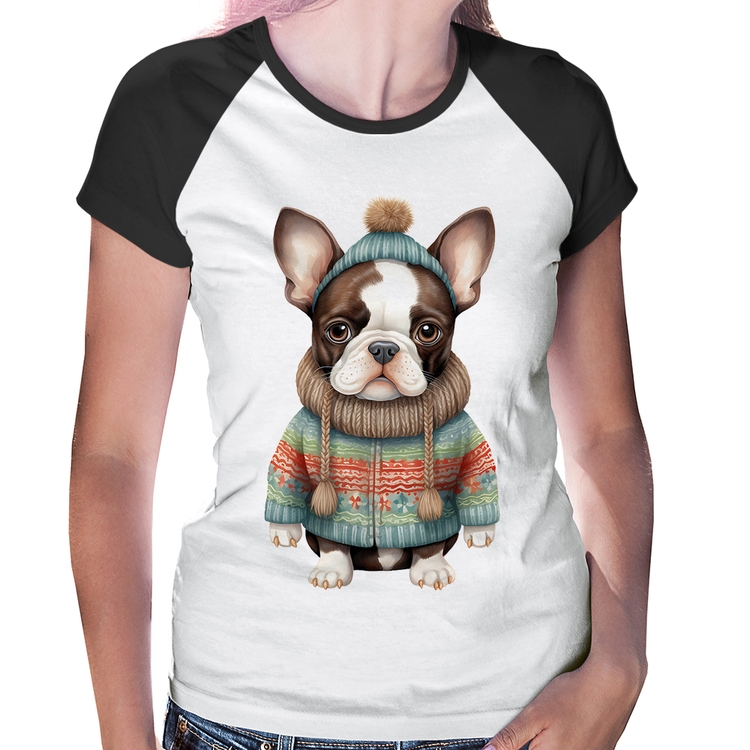 Baby Look Raglan Cachorro Bulldog Francês Natalino