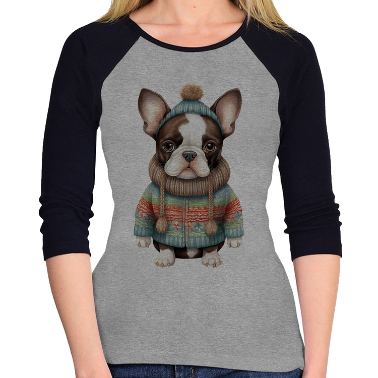 Baby Look Raglan Cachorro Bulldog Francês Natalino Manga 3/4 - Cinza/Preto