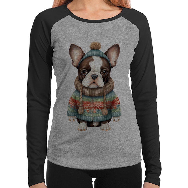 Baby Look Raglan Cachorro Bulldog Francês Natalino Manga Longa - Cinza/Preto