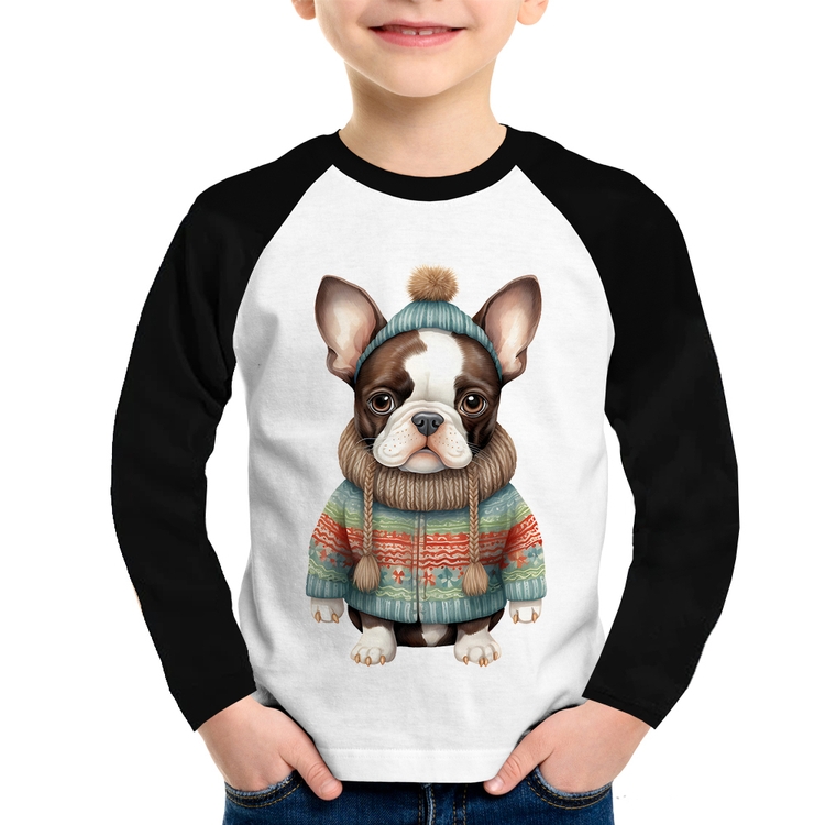 Camiseta Raglan Infantil Cachorro Bulldog Francês Natalino Manga Longa