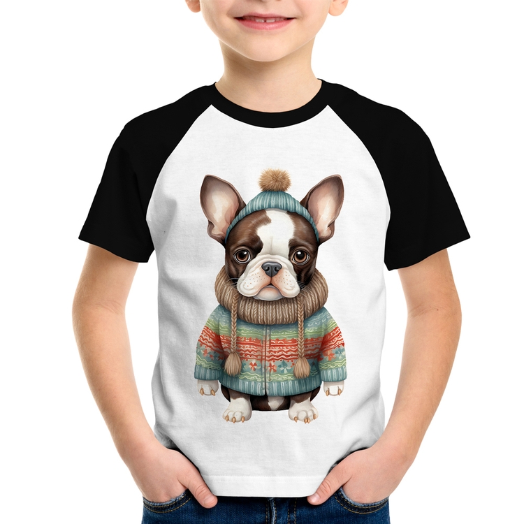 Camiseta Raglan Infantil Cachorro Bulldog Francês Natalino