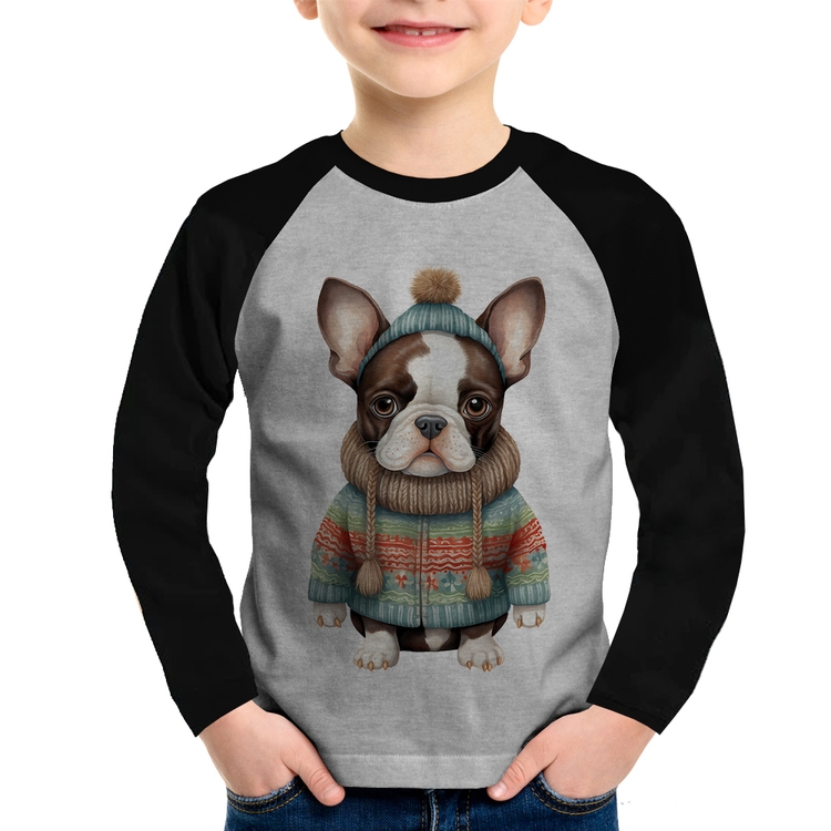 Camiseta Raglan Infantil Cachorro Bulldog Francês Natalino Manga Longa - Cinza/Preto