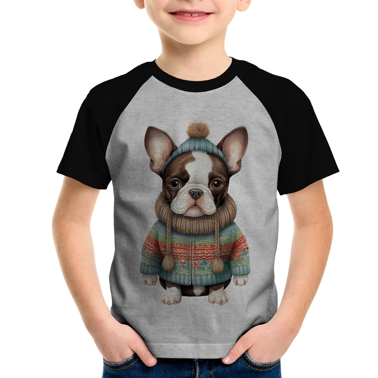 Camiseta Raglan Infantil Cachorro Bulldog Francês Natalino - Cinza/Preto