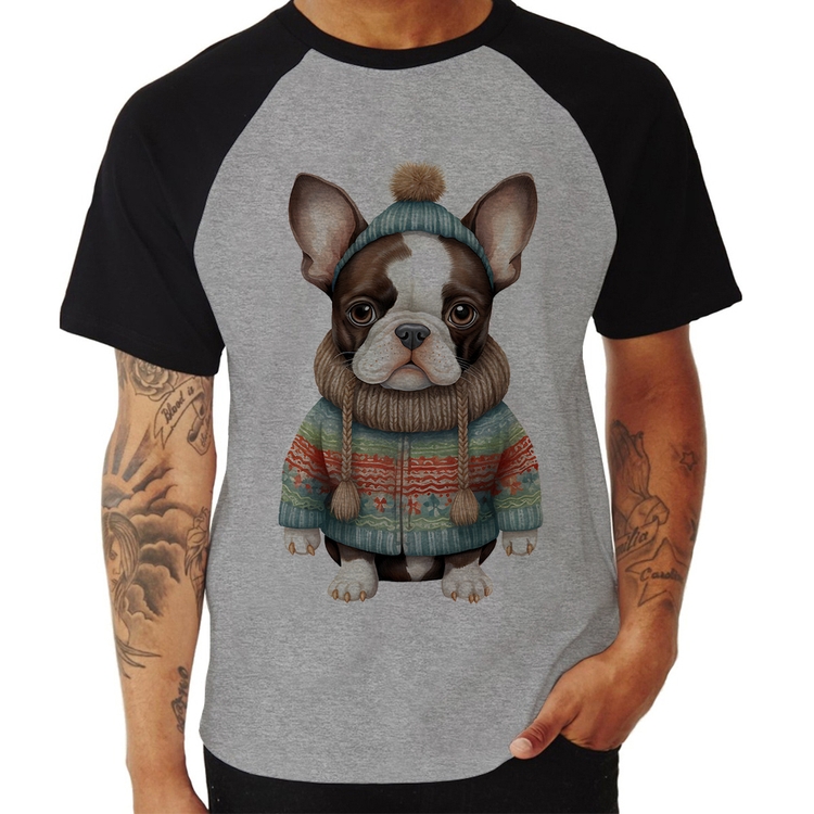 Camiseta Raglan Cachorro Bulldog Francês Natalino - Cinza/Preto