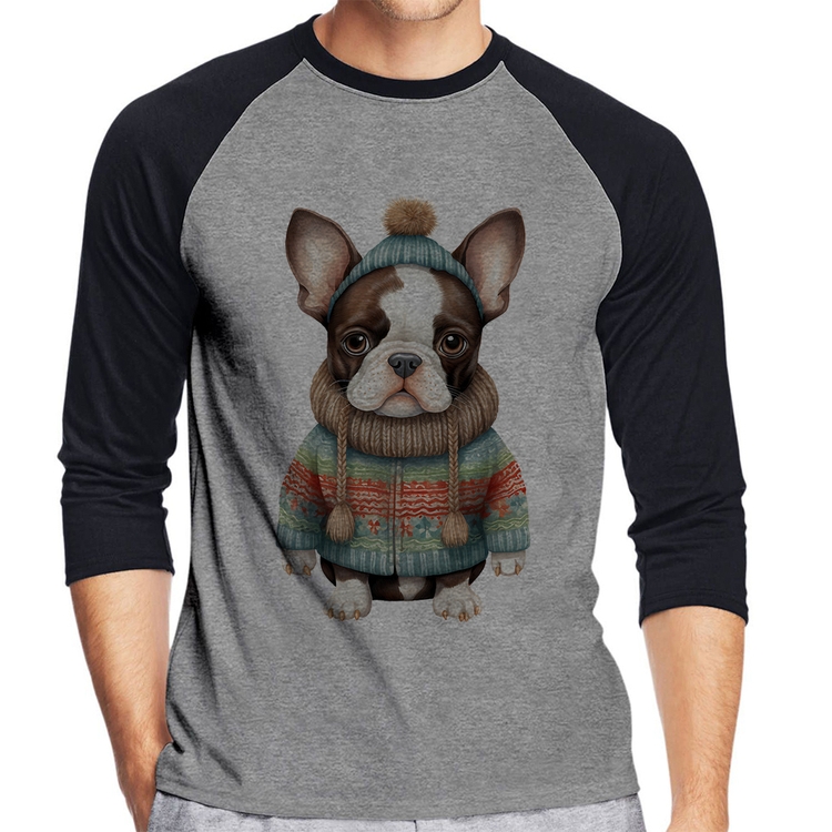 Camiseta Raglan Cachorro Bulldog Francês Natalino Manga 3/4 - Cinza/Preto