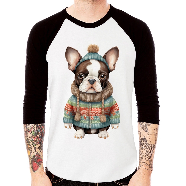 Camiseta Raglan Cachorro Bulldog Francês Natalino Manga 3/4
