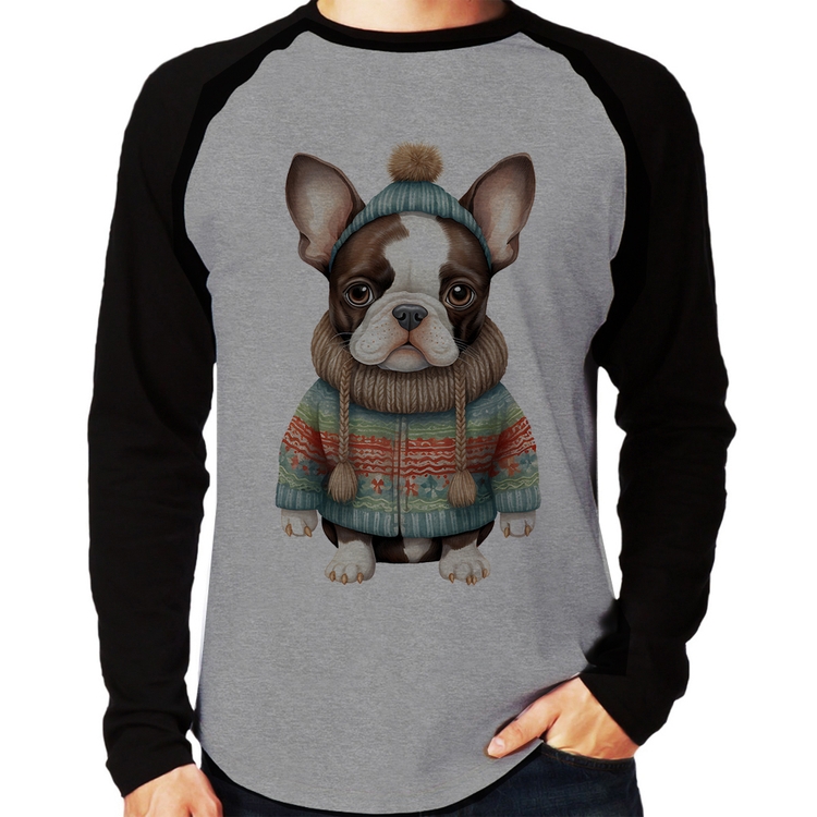 Camiseta Raglan Cachorro Bulldog Francês Natalino Manga Longa - Cinza/Preto