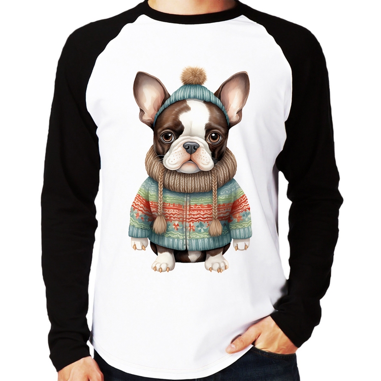 Camiseta Raglan Cachorro Bulldog Francês Natalino Manga Longa