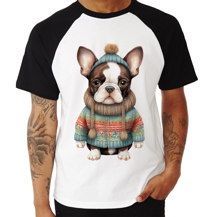 Camiseta Raglan Cachorro Bulldog Francês Natalino