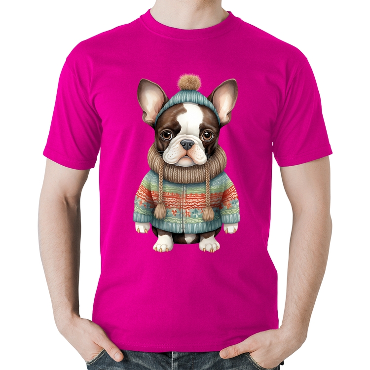 Camiseta Algodão Cachorro Bulldog Francês Natalino - Rosa