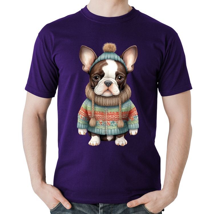 Camiseta Algodão Cachorro Bulldog Francês Natalino - Roxa