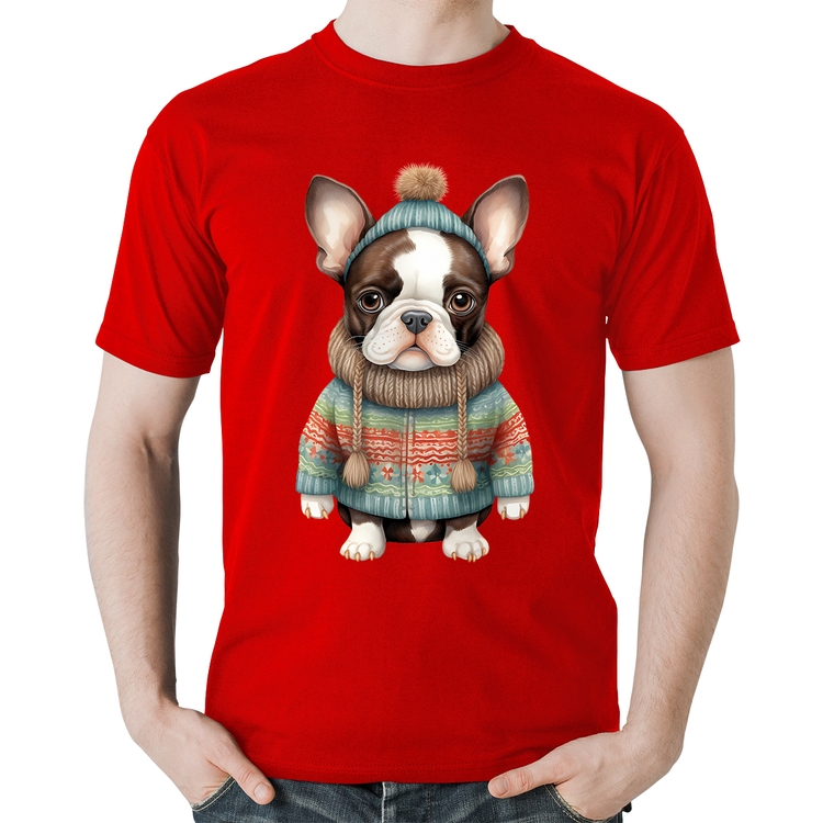 Camiseta Algodão Cachorro Bulldog Francês Natalino - Vermelha