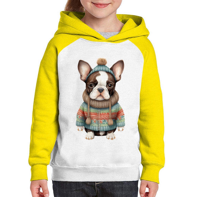 Moletom Infantil Cachorro Bulldog Francês Natalino - Branco/Amarelo
