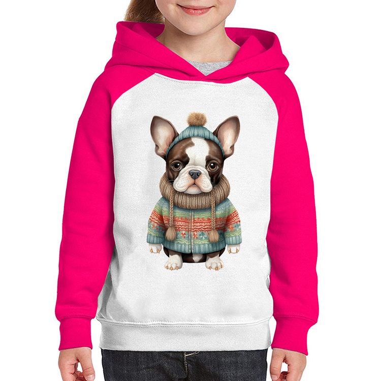 Moletom Infantil Cachorro Bulldog Francês Natalino - Branco/Rosa