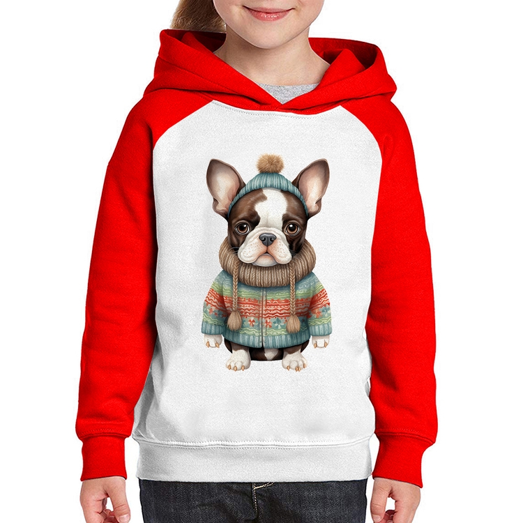 Moletom Infantil Cachorro Bulldog Francês Natalino - Branco/Vermelho