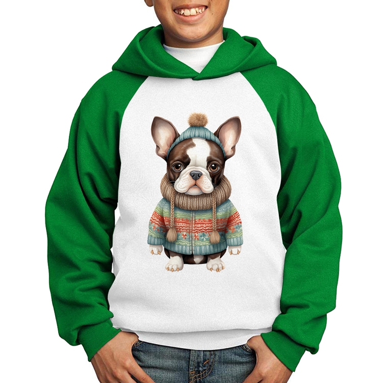 Moletom Infantil Cachorro Bulldog Francês Natalino - Branco/Verde
