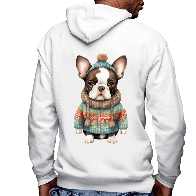 Blusa Moletom Cachorro Bulldog Francês Natalino Masculina com Capuz e Zíper - Branca