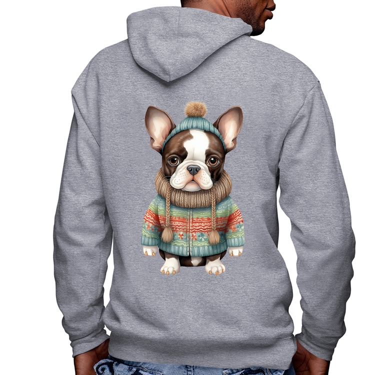 Blusa Moletom Cachorro Bulldog Francês Natalino Masculina com Capuz e Zíper - Mescla