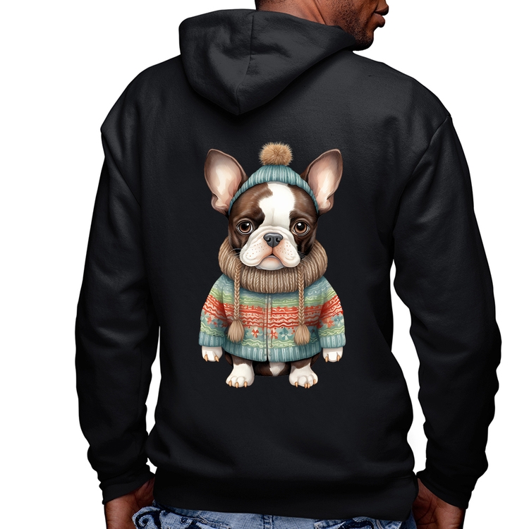 Blusa Moletom Cachorro Bulldog Francês Natalino Masculina com Capuz e Zíper