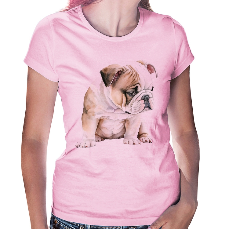 Baby Look Cachorro Buldogue Inglês - Rosa Bebê