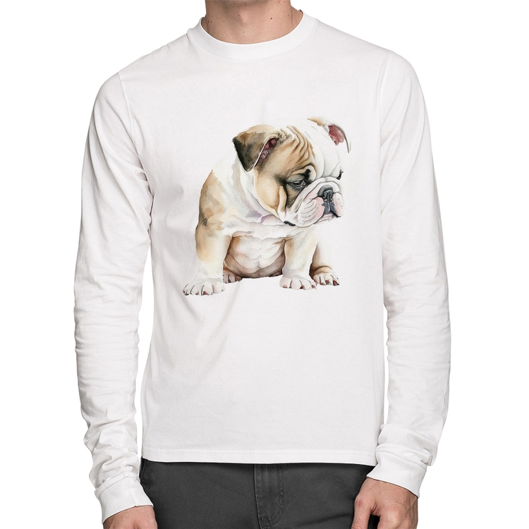 Camiseta Algodão Cachorro Buldogue Inglês Manga Longa - Branca