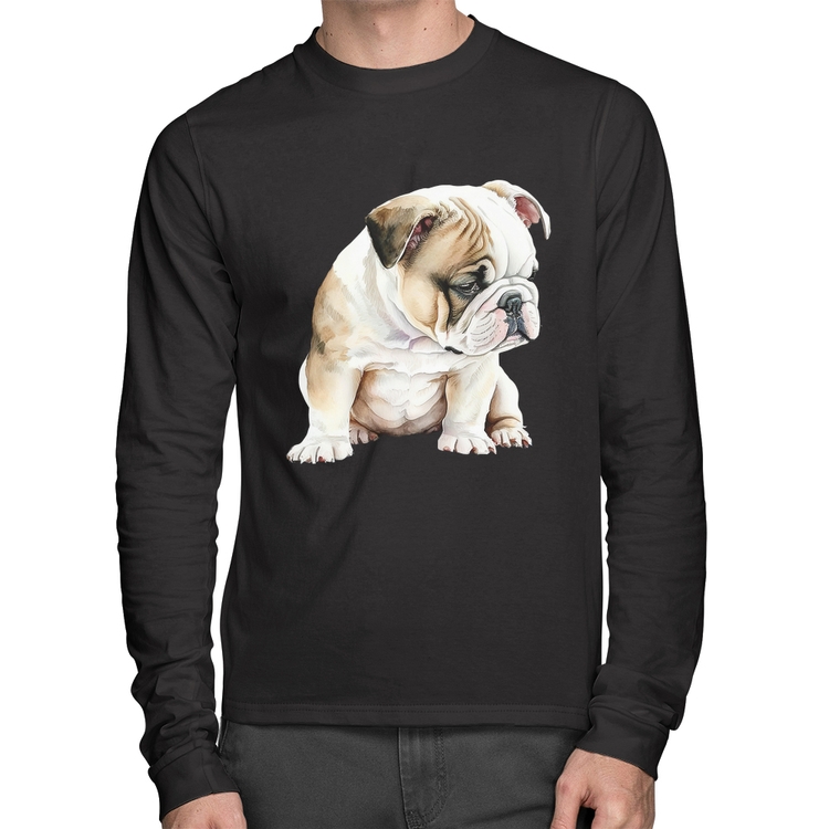 Camiseta Algodão Cachorro Buldogue Inglês Manga Longa