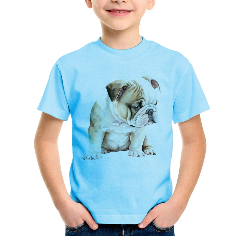 Camiseta Infantil Cachorro Buldogue Inglês - Azul Bebê