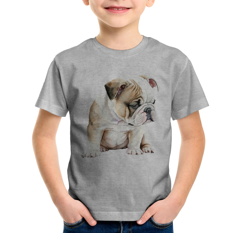 Camiseta Infantil Cachorro Buldogue Inglês - Cinza