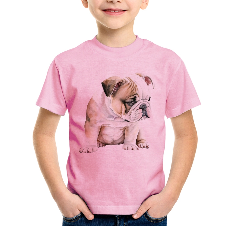 Camiseta Infantil Cachorro Buldogue Inglês - Rosa Bebê