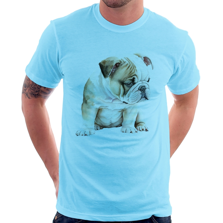 Camiseta Cachorro Buldogue Inglês - Azul Bebê