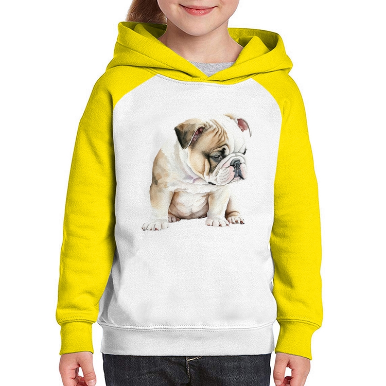 Moletom Infantil Cachorro Buldogue Inglês - Branco/Amarelo