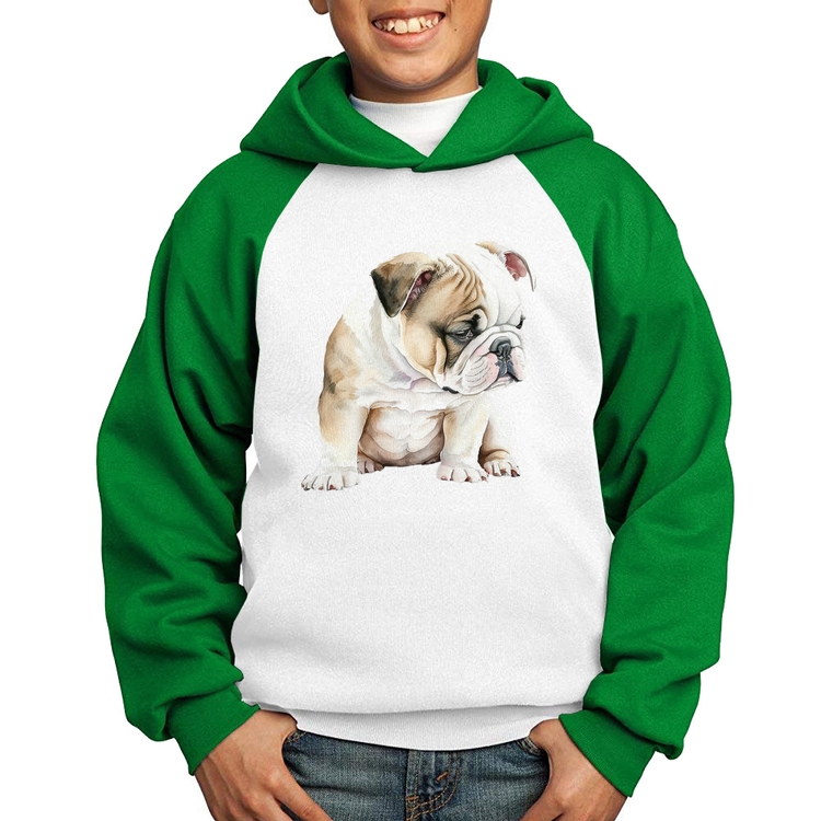 Moletom Infantil Cachorro Buldogue Inglês - Branco/Verde