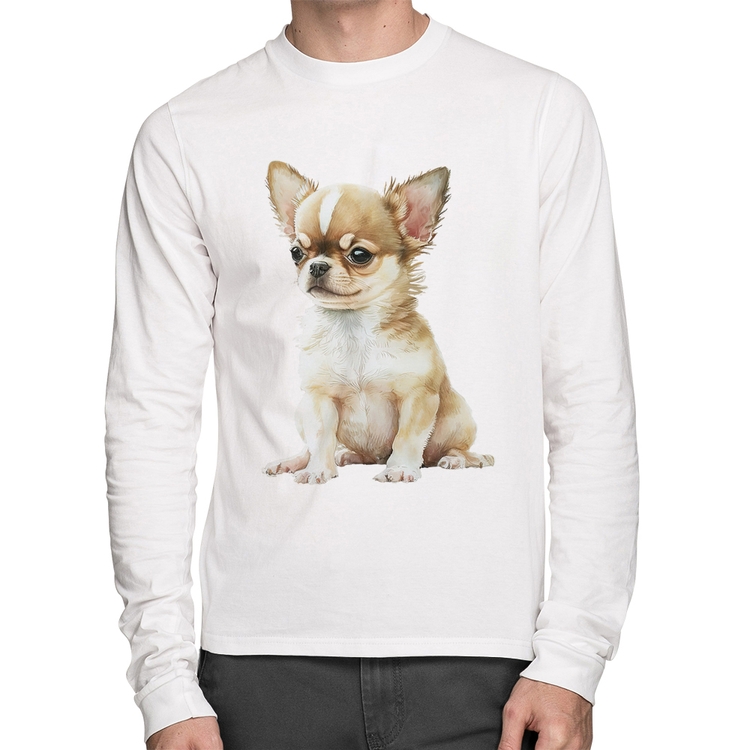 Camiseta Algodão Cachorro Chihuahua Manga Longa - Branca