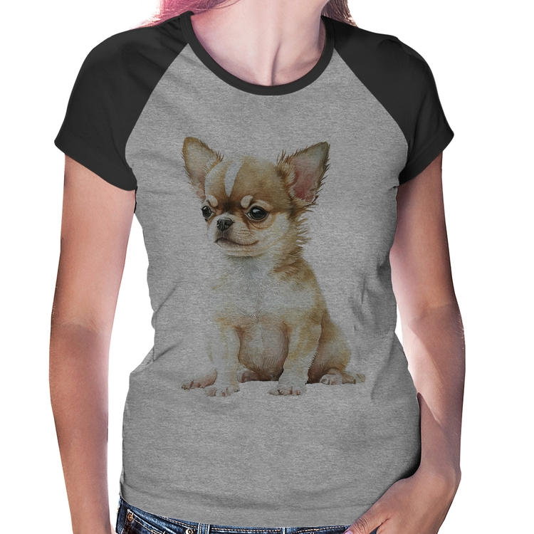 Baby Look Raglan Cachorro Chihuahua - Cinza/Preto