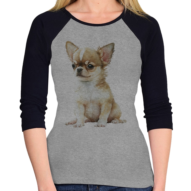 Baby Look Raglan Cachorro Chihuahua Manga 3/4 - Cinza/Preto