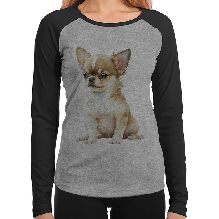 Baby Look Raglan Cachorro Chihuahua Manga Longa - Cinza/Preto