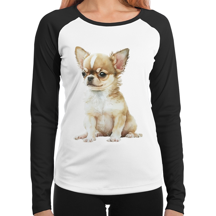 Baby Look Raglan Cachorro Chihuahua Manga Longa